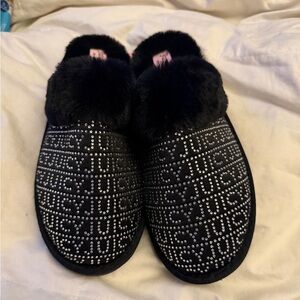 Juicy Couture Black Crystal Logo Plush Slide Slippers
